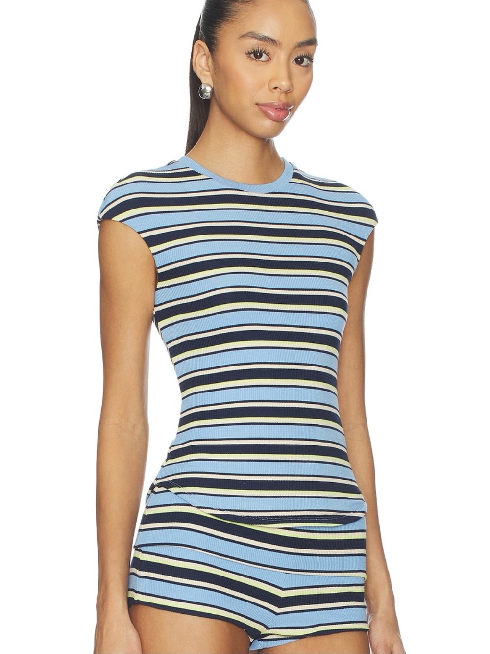 AFRM Nolan Top Iris Stripe Ribbed Short Sleeve XS NWT
